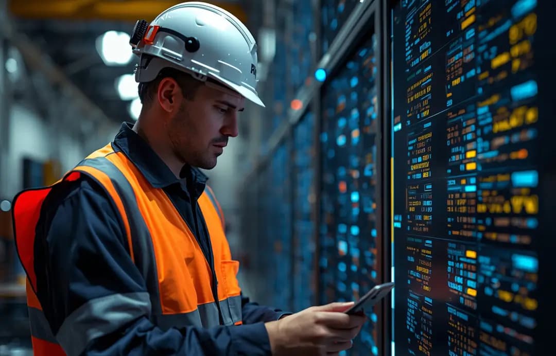 Engineer accessing RAG-powered knowledge base on tablet in industrial setting