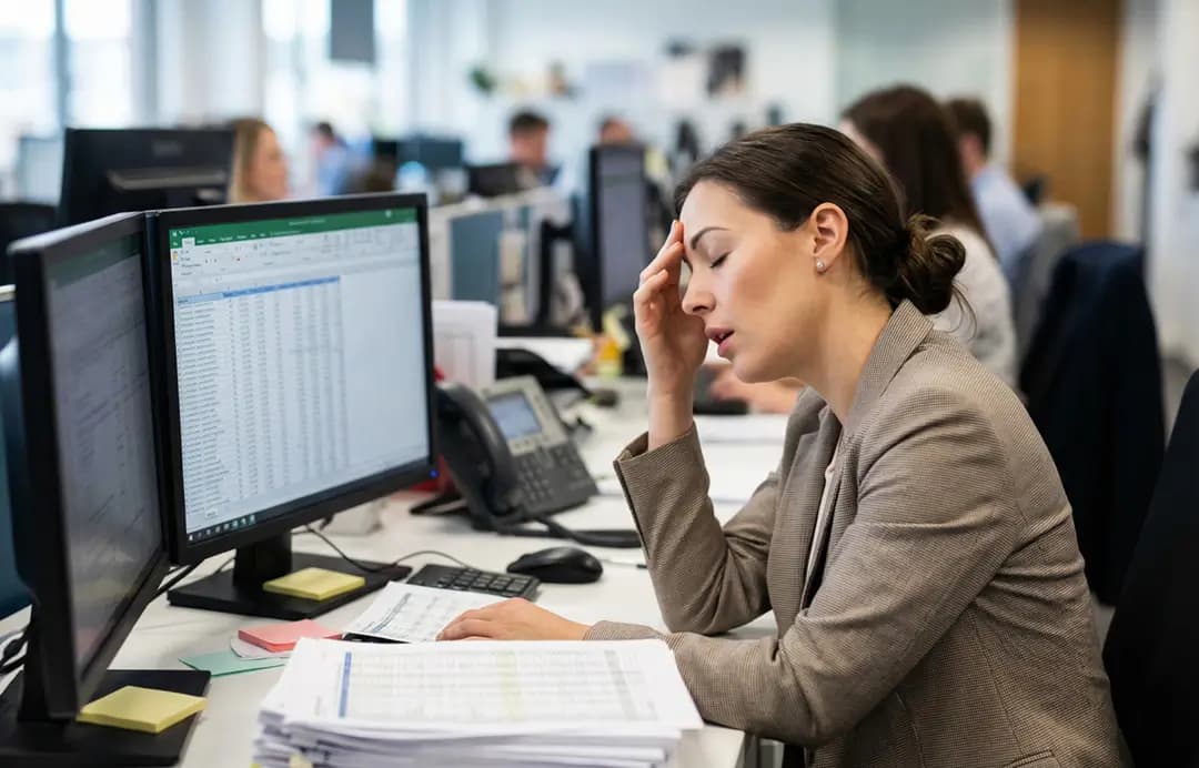 Stressed office worker surrounded by spreadsheets, the manual research problem Razor Agent solves