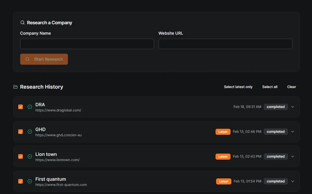 Razor Agent web crawling interface showing company research form and completed research history